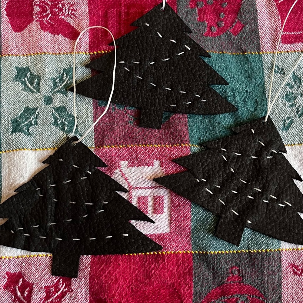 Leather Christmas Tree Ornaments black handmade stitched rustic cabin pine set 3